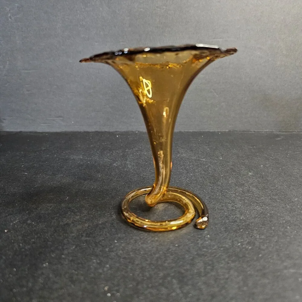 Vintage Hand Blown Trumpet Bud Vase Amber Art Glass Small Flower Vase 4